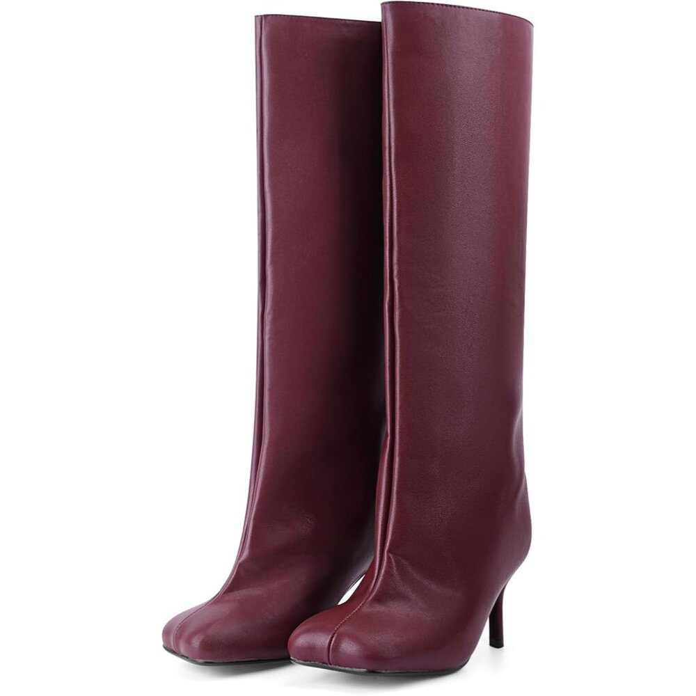 Women's Burgundy Pu Wide Calf Square Toe Stiletto Heels Knee High Suede Boots